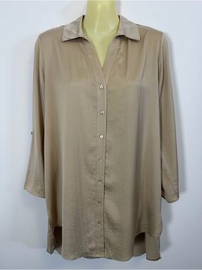 Renuar Relaxed Silk-Feel Tunic Button-Up Beige Blouse